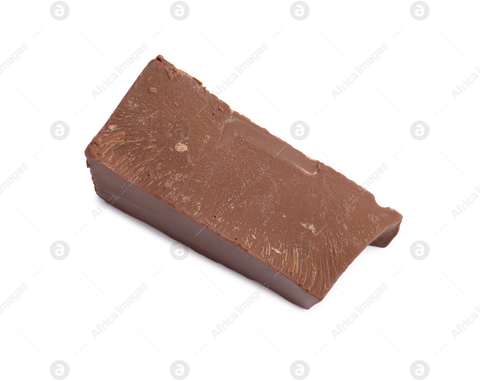 Photo of Piece of tasty milk chocolate isolated on white, above view