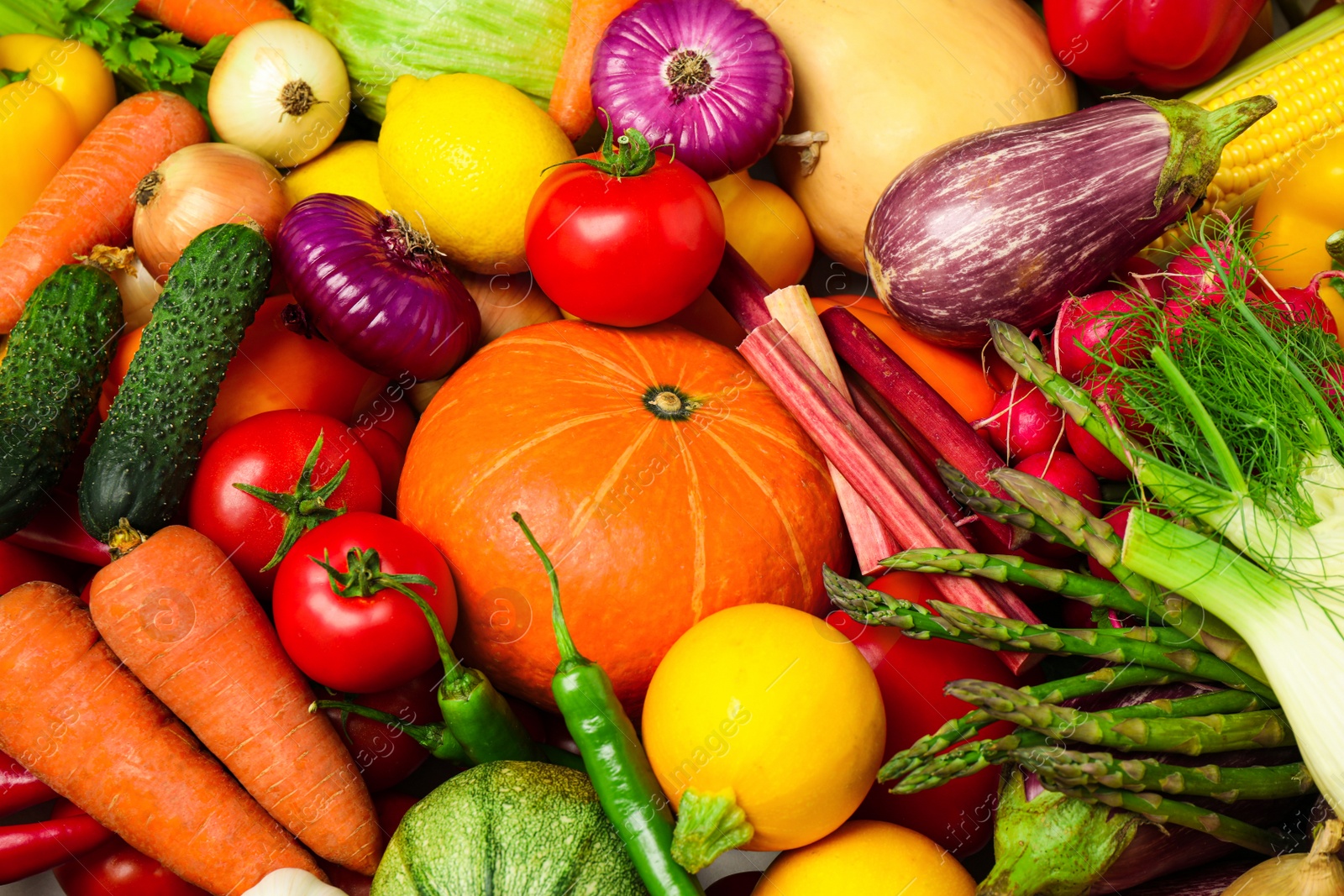 Photo of Many fresh vegetables as background, closeup view