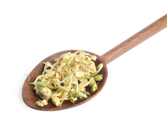 Wooden spoon of sprouted green buckwheat isolated on white