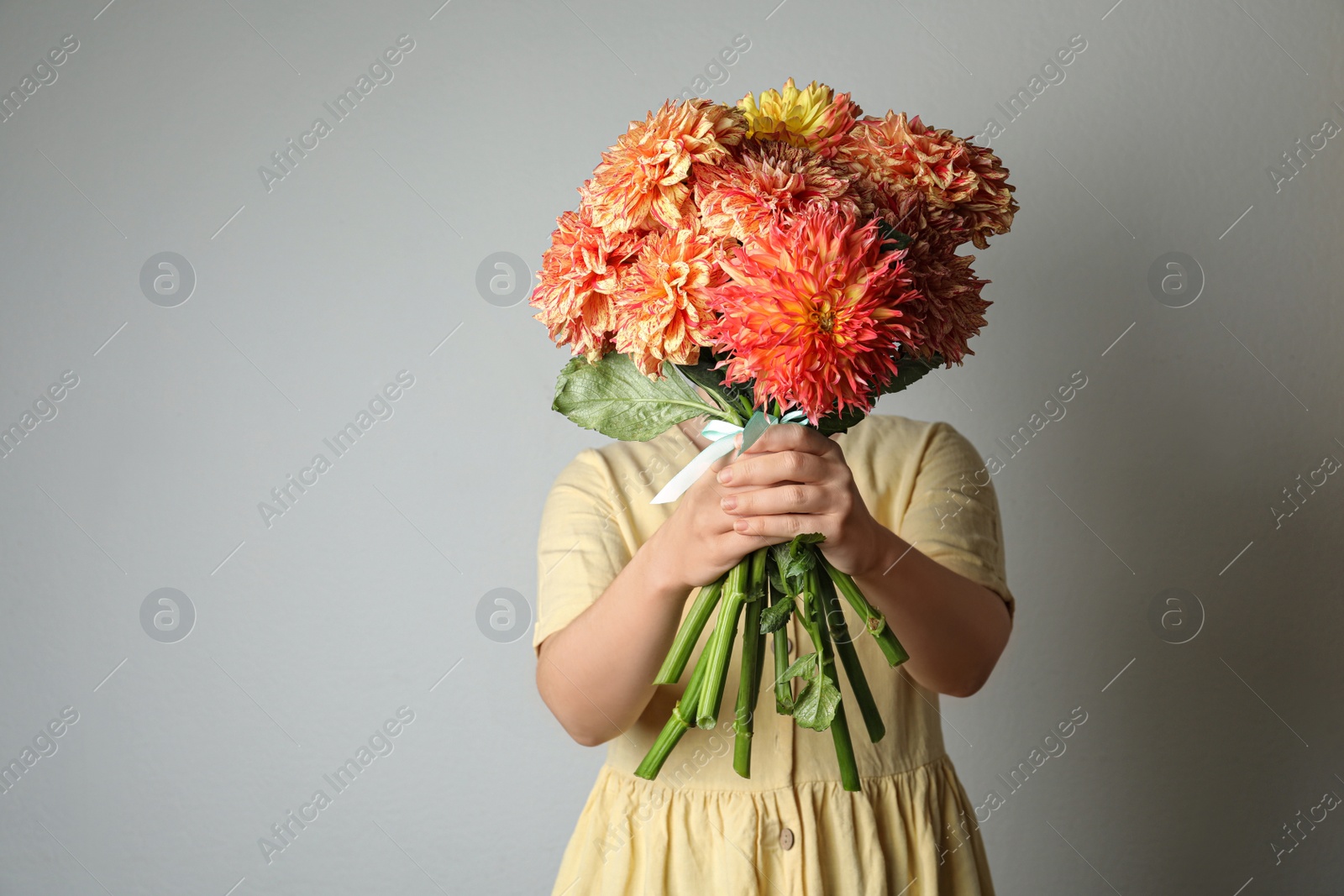 Photo of Woman with bouquet of beautiful dahlia flowers on grey background