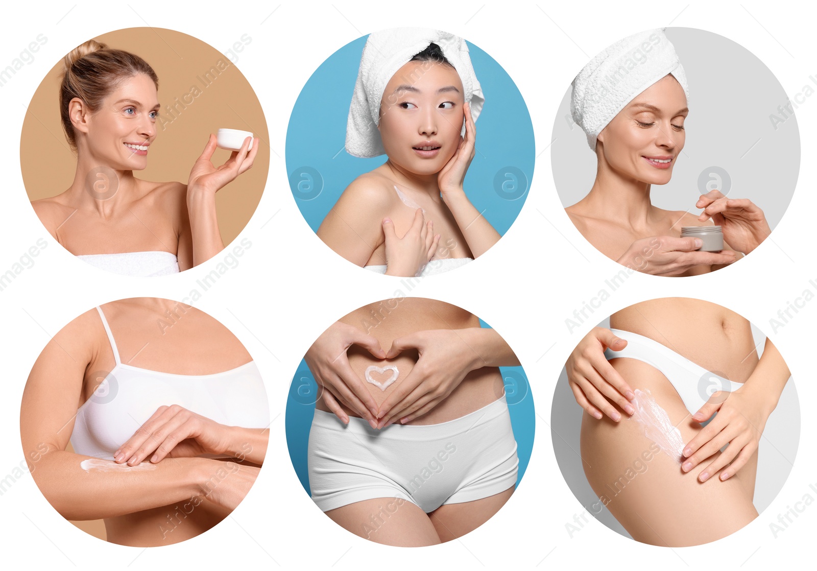 Image of Collage with photos of women applying body cream on white background