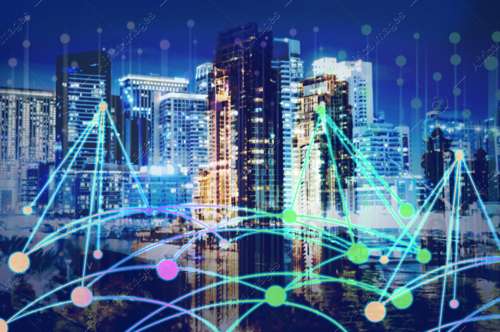 Image of Beautiful cityscape and network connection lines 