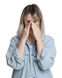 Photo of Woman suffering from headache on white background