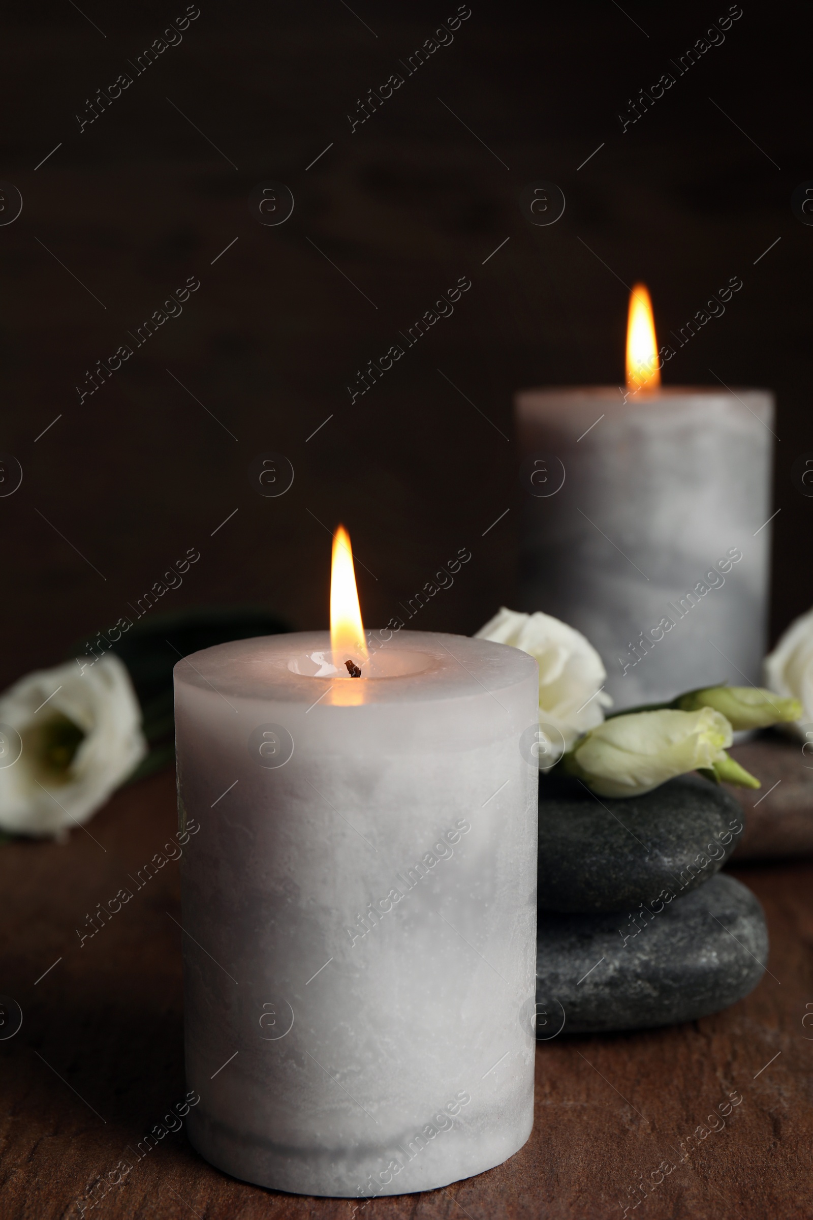 Photo of Burning candles, spa stones and flowers on wooden table, space for text