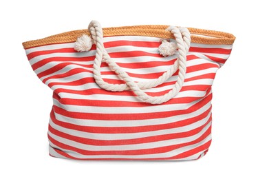 Photo of Stylish red striped bag isolated on white. Beach object