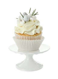 Photo of Tasty Easter cupcake with vanilla cream isolated on white