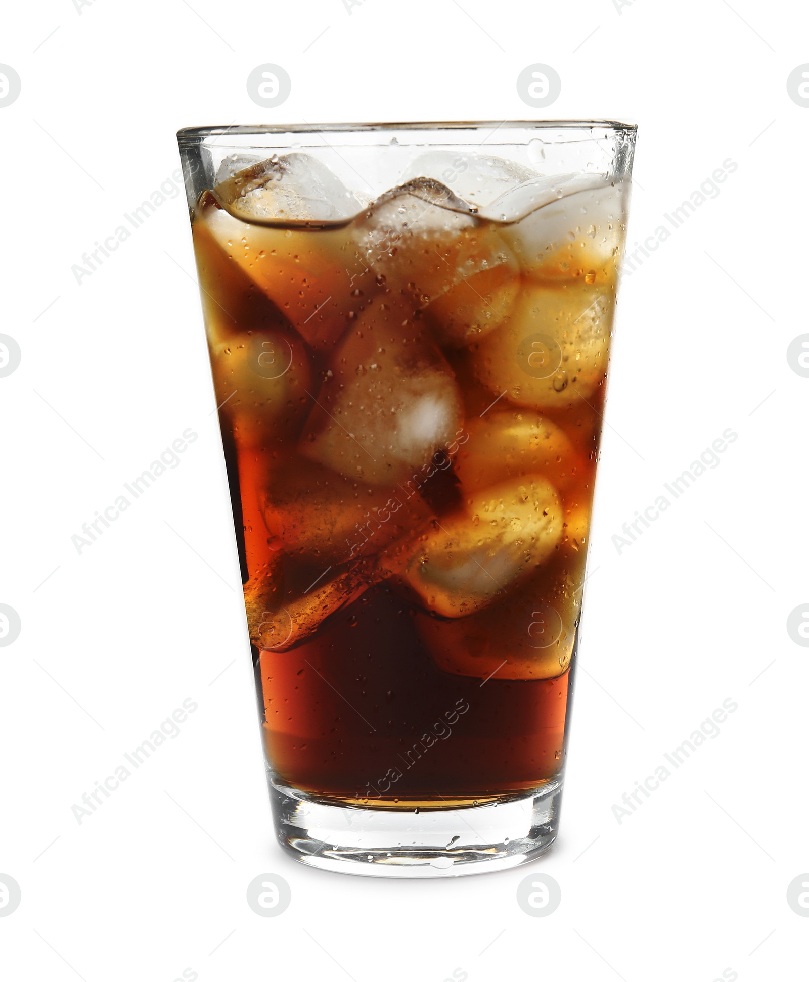 Photo of Glass of refreshing cola with ice cubes on white background