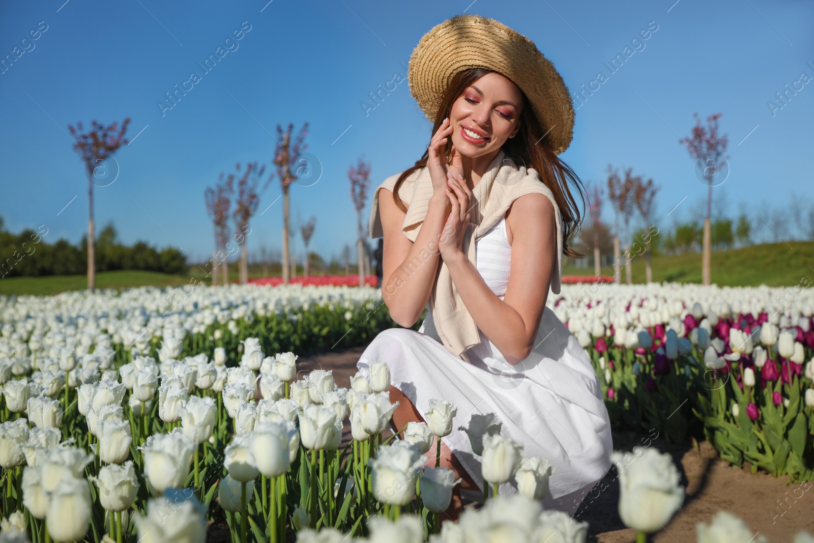 Photo of Woman in beautiful tulip field on sunny day