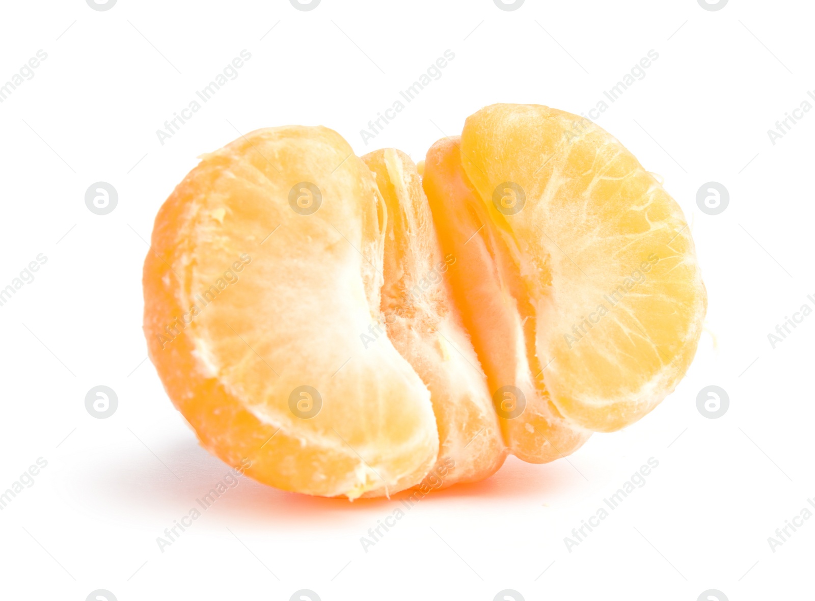 Photo of Half of peeled ripe tangerine on white background