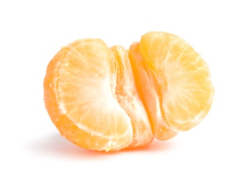 Half of peeled ripe tangerine on white background