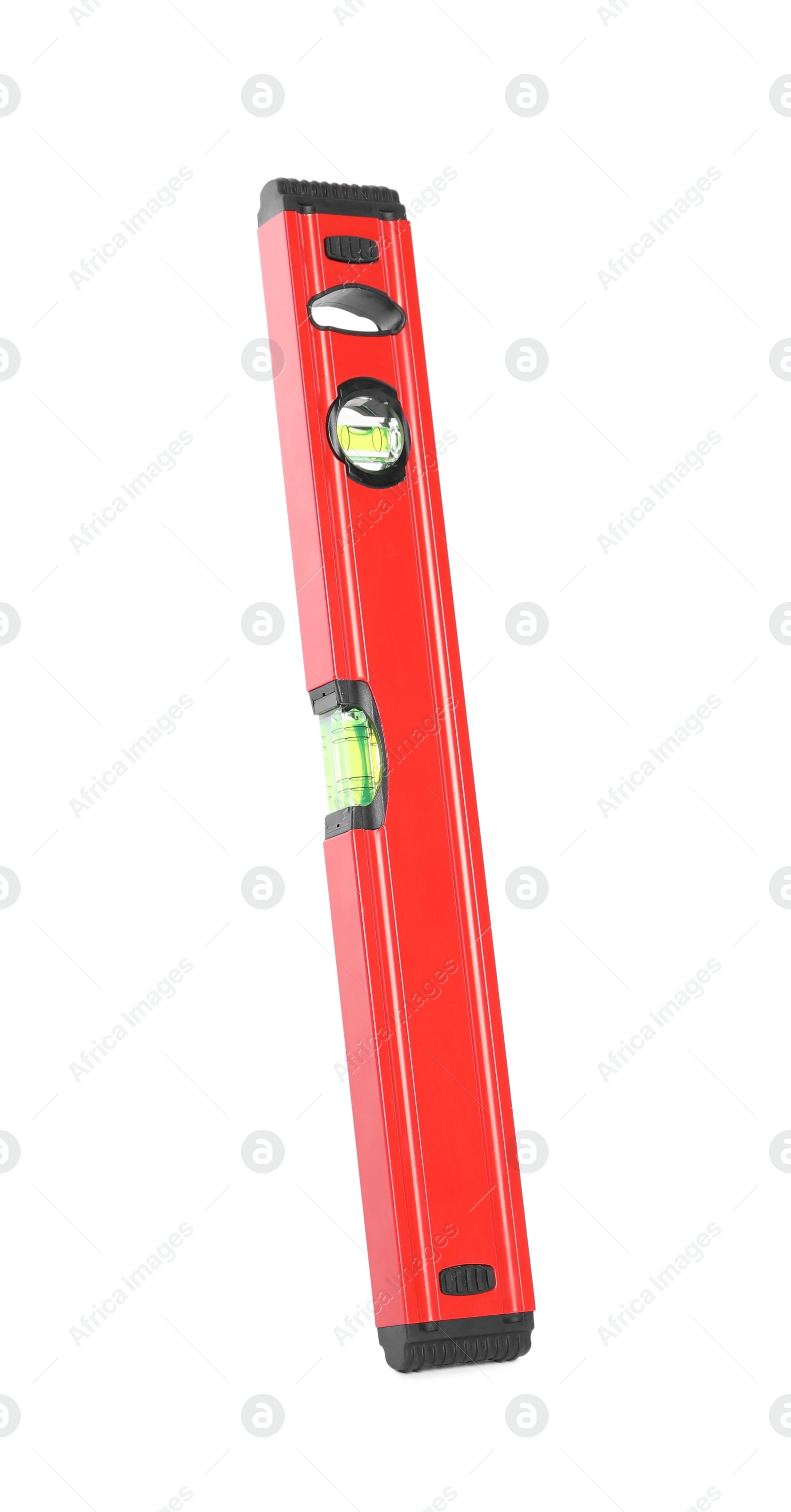 Photo of Red building level isolated on white. Construction tool