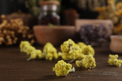 Everlasting flowers on wooden table, closeup view