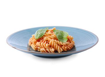 Photo of Delicious fusilli pasta with tomato sauce isolated on white