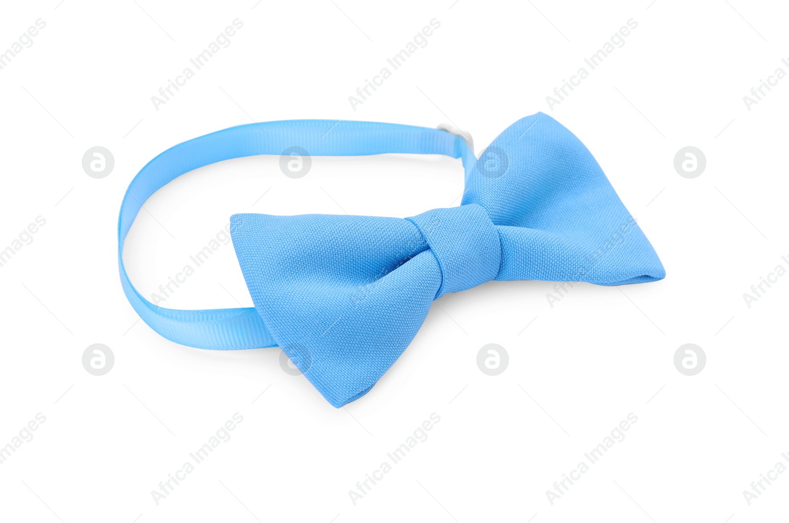 Photo of Stylish light blue bow tie on white background