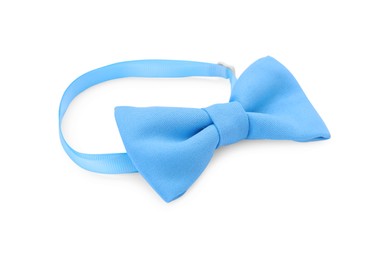 Stylish light blue bow tie on white background