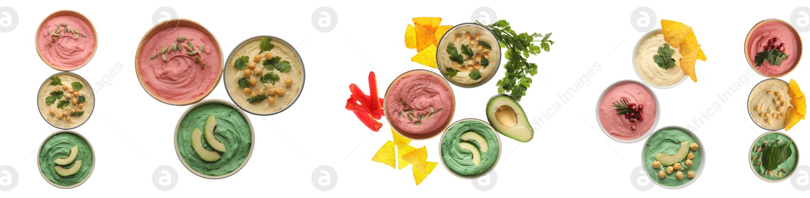 Image of Different kinds of tasty hummuses on white background, top view. Banner design