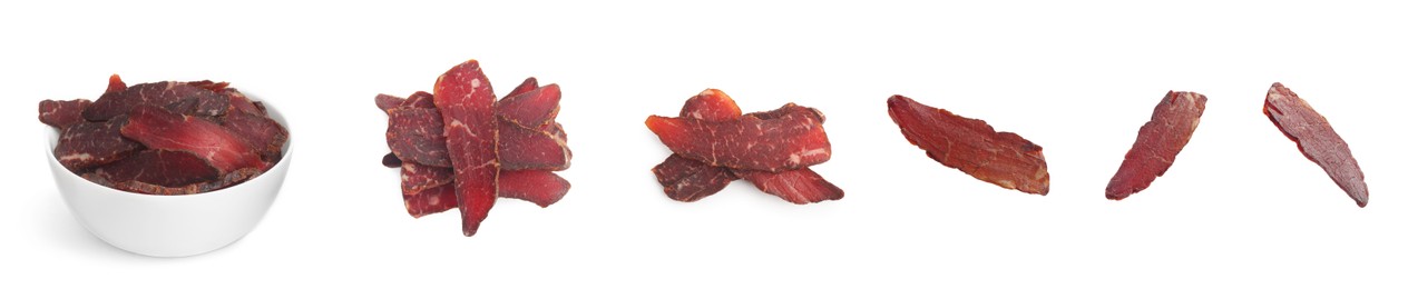 Set with delicious beef jerky on white background. Banner design