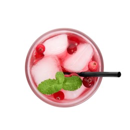 Photo of Tasty refreshing cranberry cocktail with mint isolated on white, top view