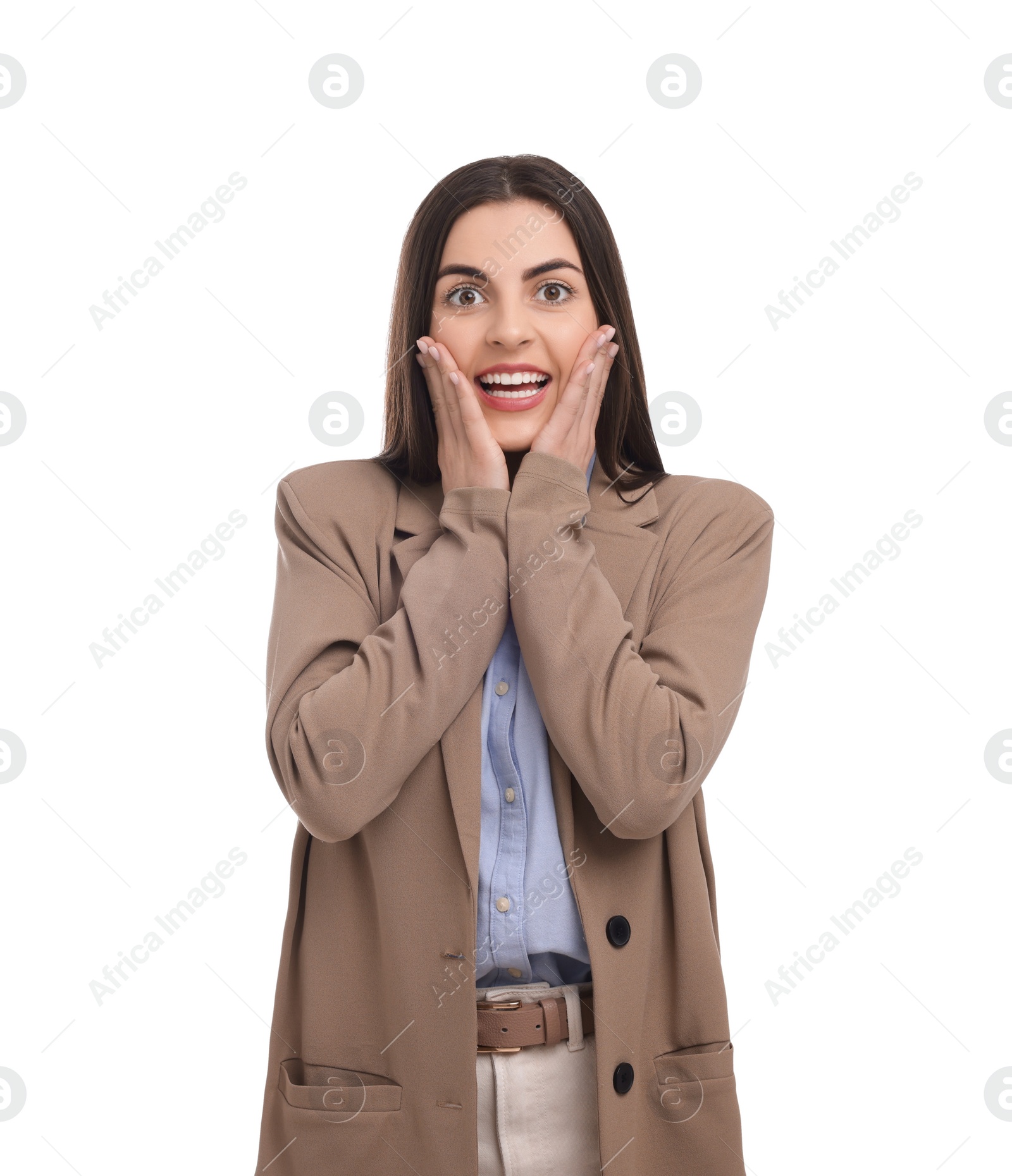 Photo of Beautiful happy businesswoman in suit on white background