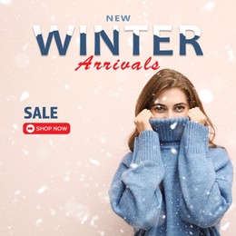 Image of New winter arrivals flyer design. Woman wearing warm blue sweater and text on beige background