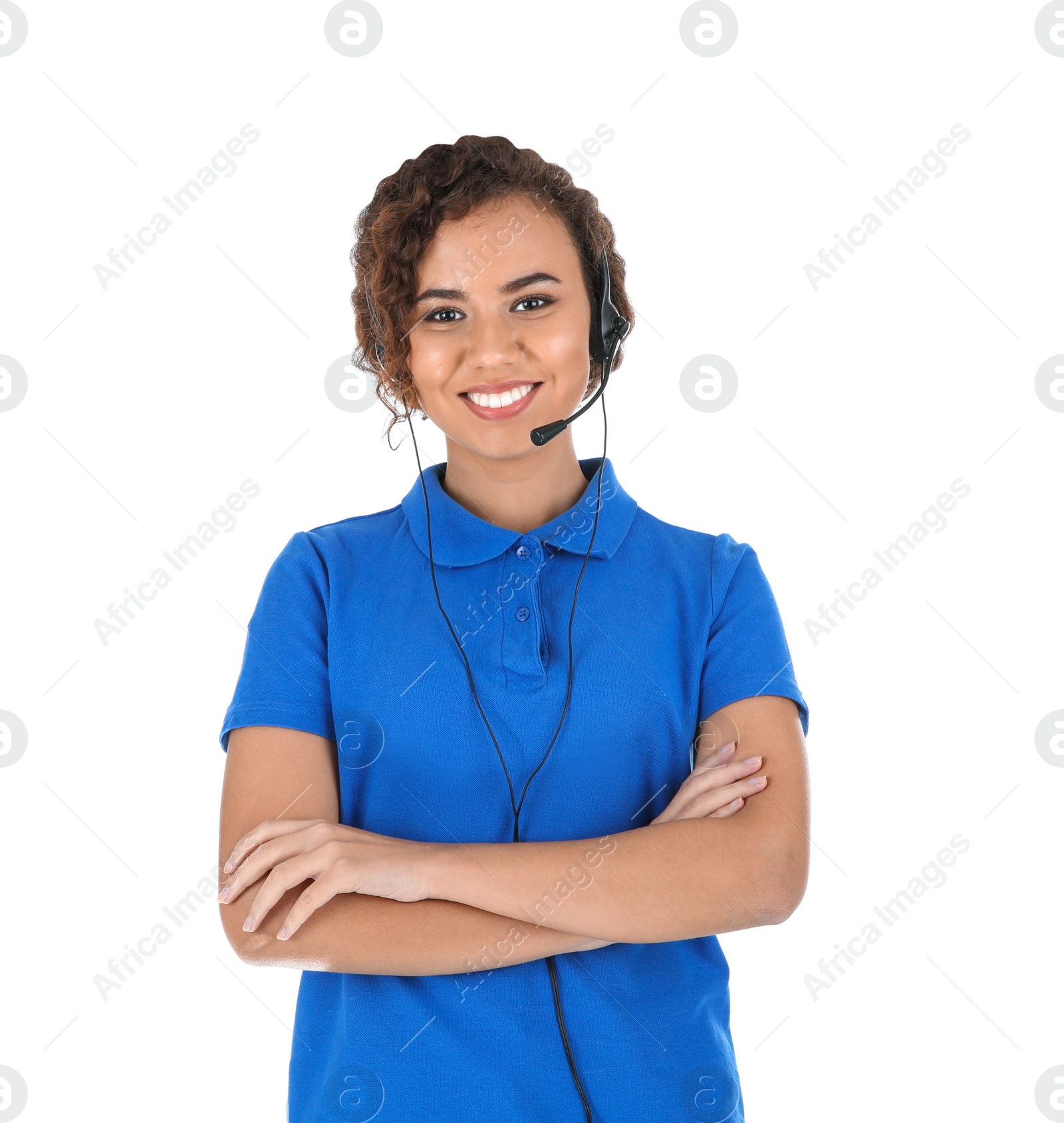 Photo of African-American technical support operator with headset isolated on white