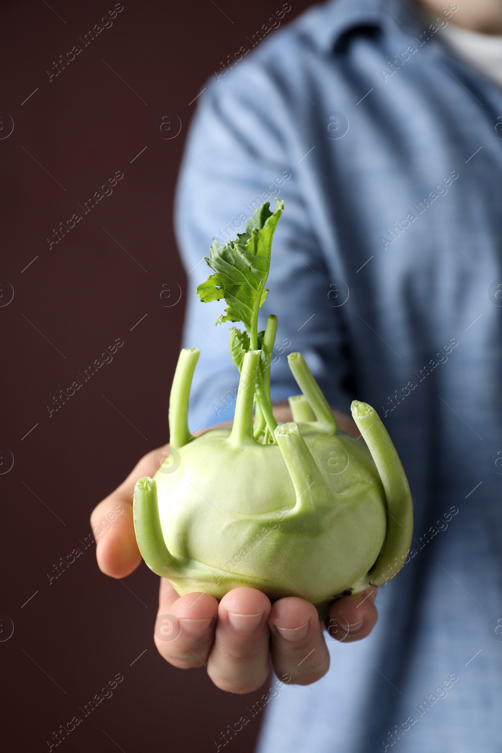 Photo of Man with ripe kohlrabi plant on brown background, closeup