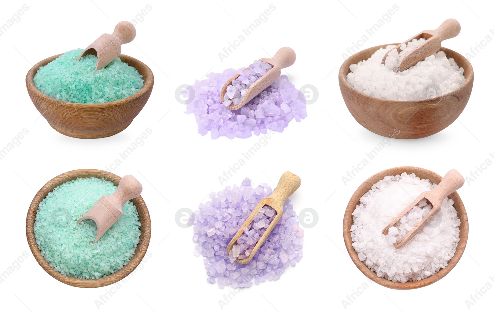 Image of Different sea salt in bowls and scoops isolated on white, top and side views