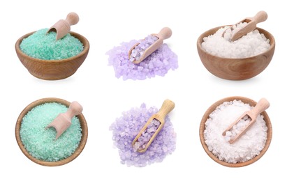 Image of Different sea salt in bowls and scoops isolated on white, top and side views