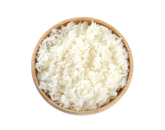 Photo of Wooden bowl with cooked rice isolated on white, top view