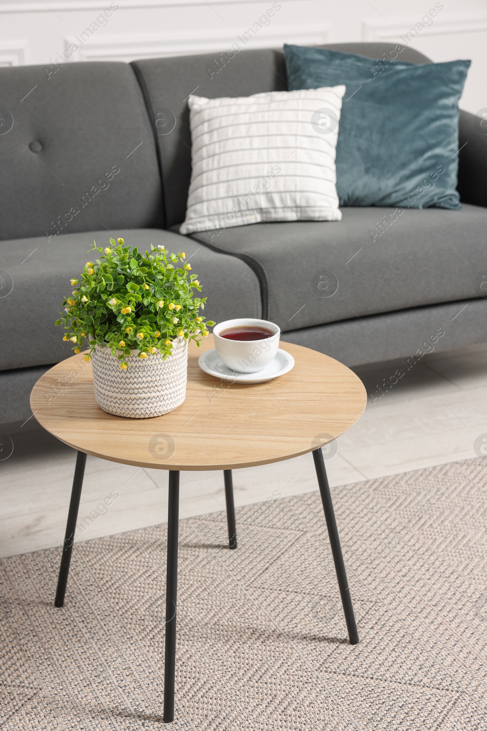 Photo of Potted artificial plant and cup of drink on coffee table near sofa indoors