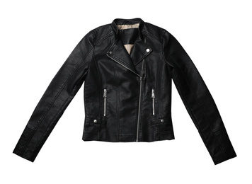 Photo of Stylish leather jacket isolated on white, top view