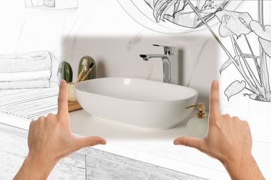 Image of Man showing frame gesture and making bathroom real out of drawing