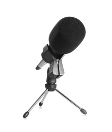 Photo of Modern microphone isolated on white. Journalist's equipment