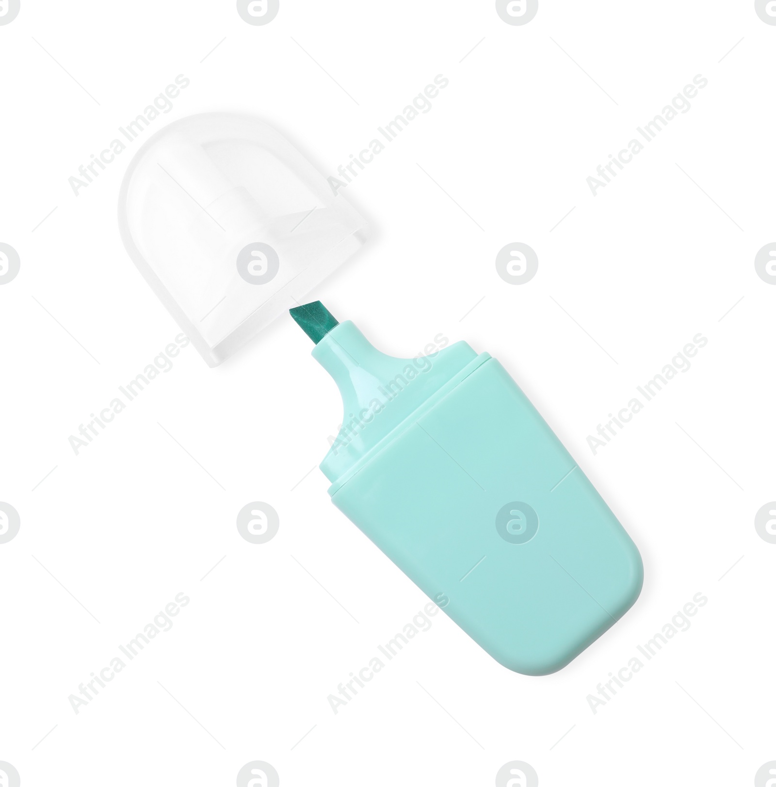 Photo of One turquoise marker on white background, top view