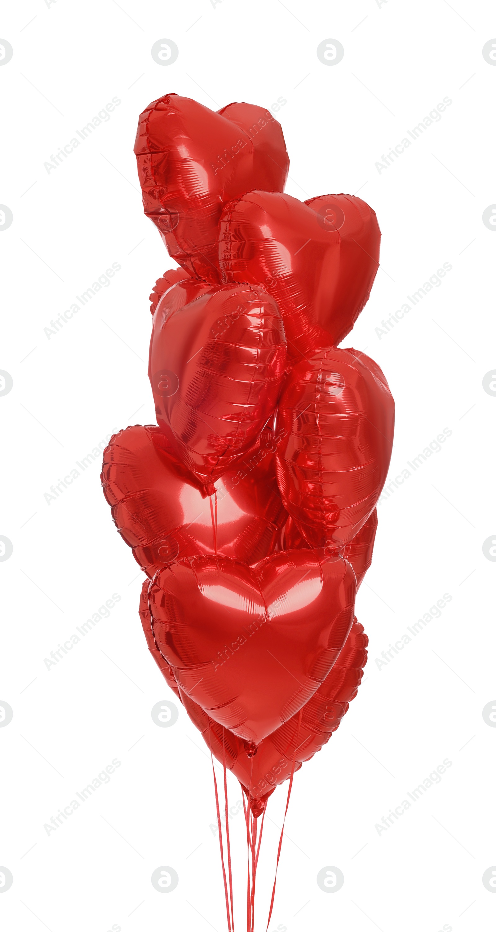 Photo of Many red heart shaped balloons isolated on white. Valentine's day celebration