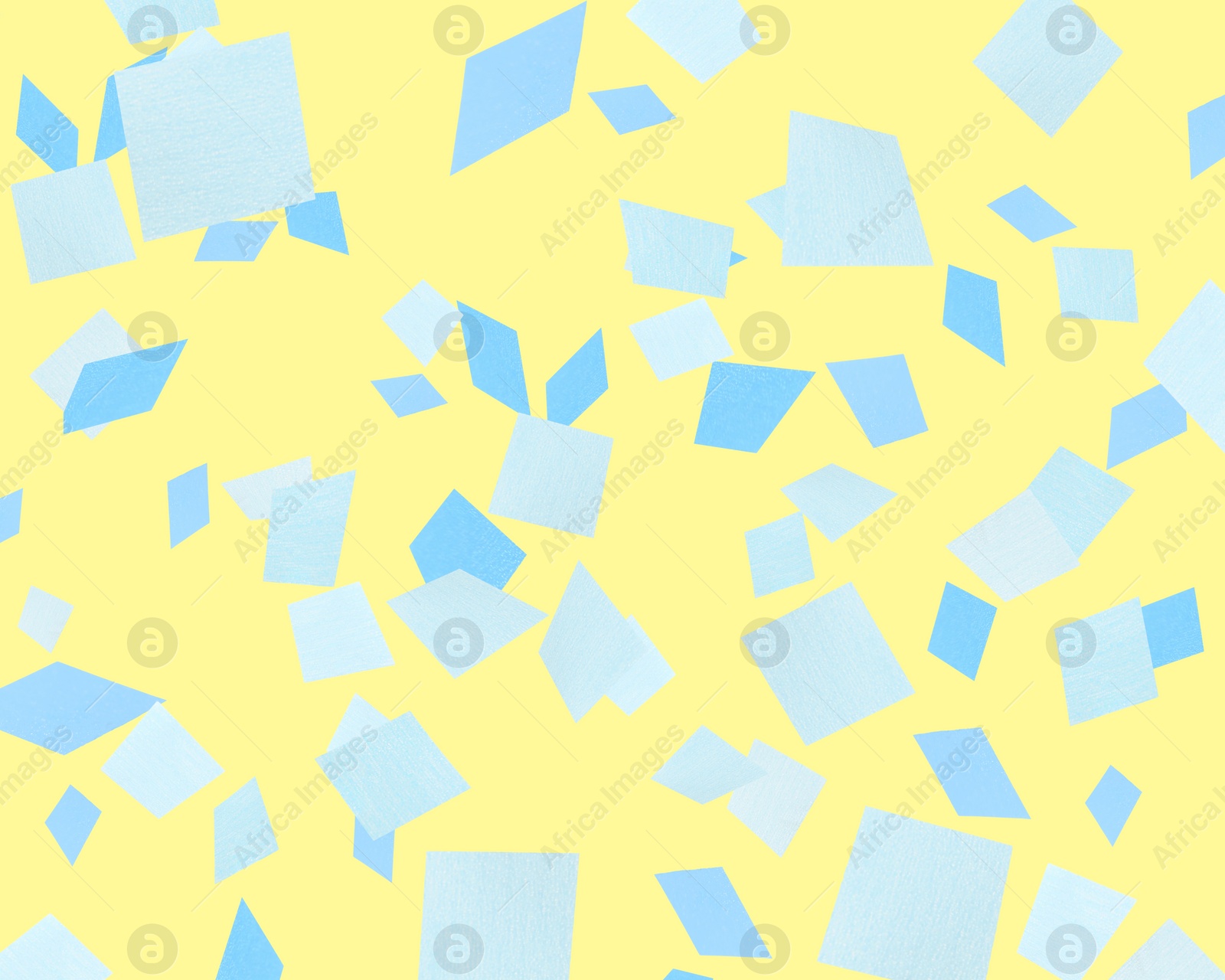 Image of Bright confetti falling on yellow background. Party supply