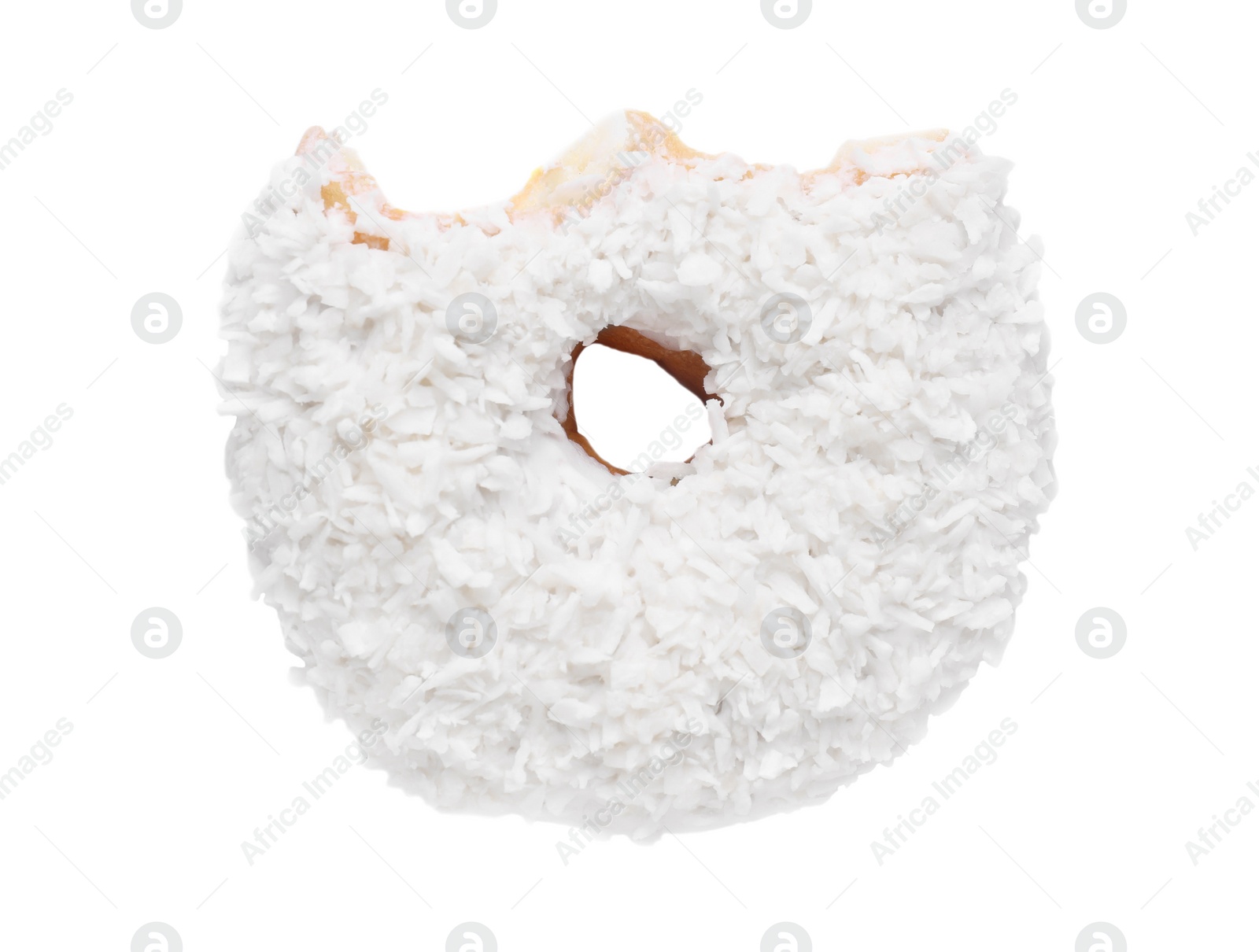 Photo of Tasty bitten glazed donut decorated with coconut shavings isolated on white, top view