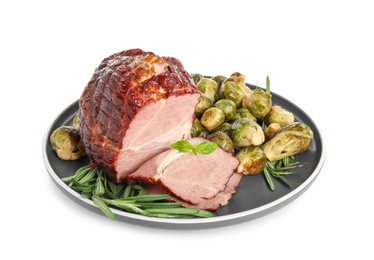 Delicious ham with brussels sprouts and rosemary isolated on white