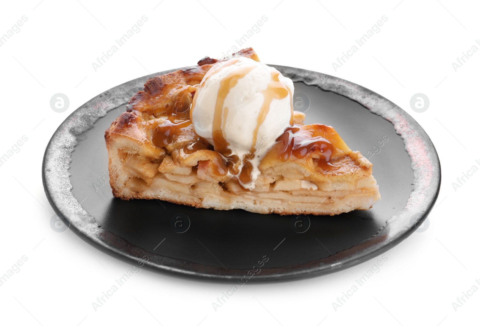 Photo of Slice of traditional apple pie with ice cream isolated on white