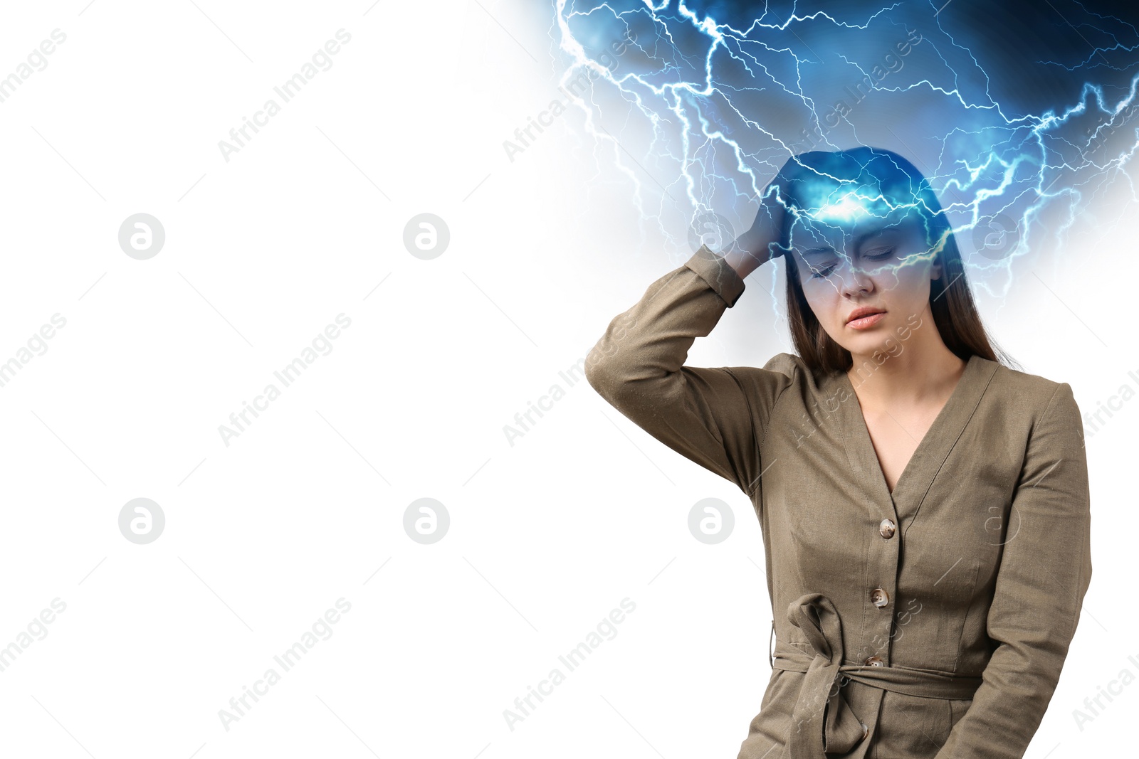 Image of Headache. Double exposure of woman and lightning on white background