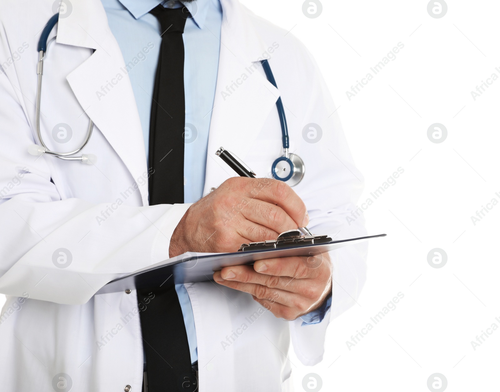 Photo of Closeup of male doctor with clipboard isolated on white. Medical staff