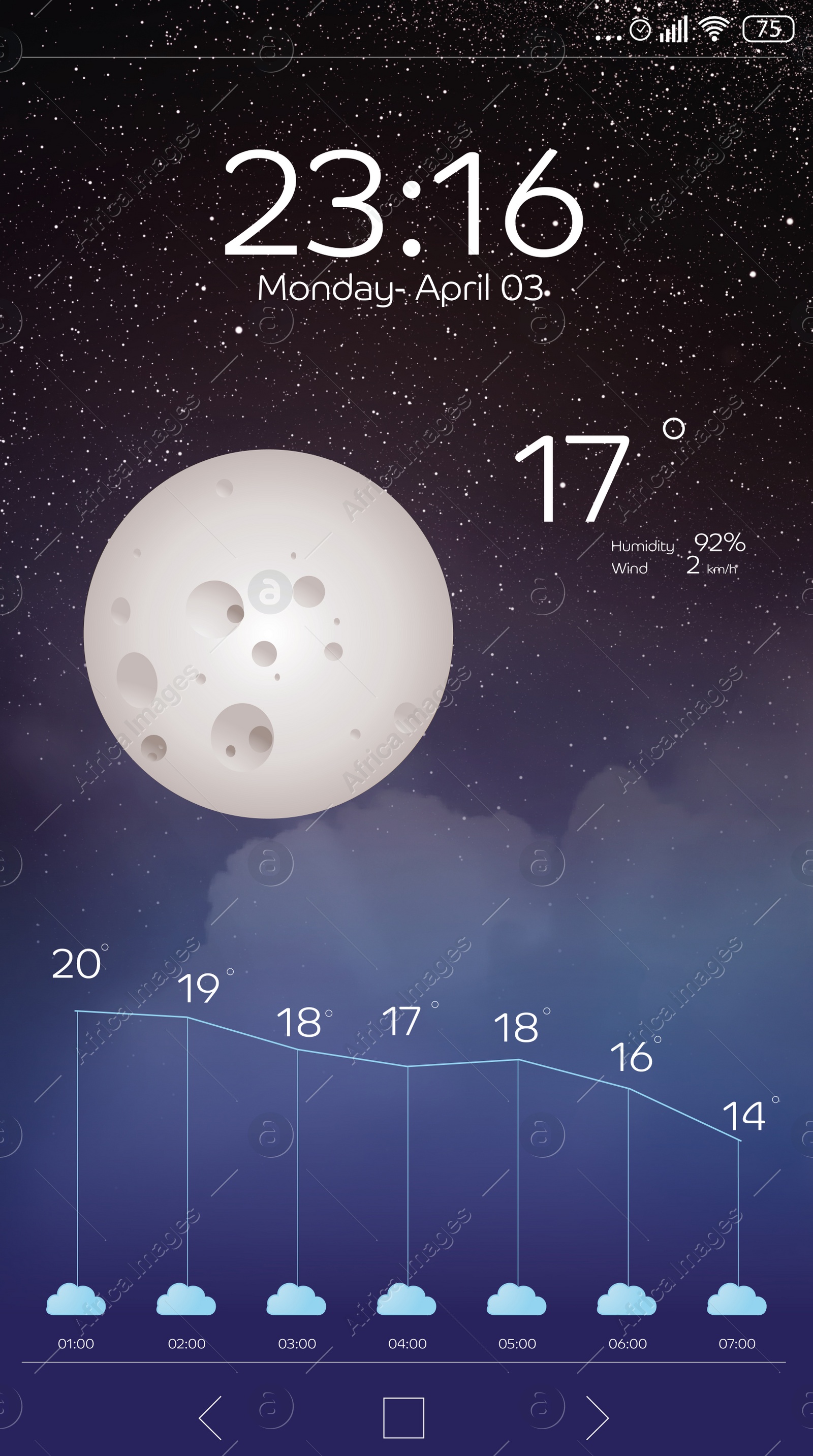 Image of Weather forecast widget on screen. Mobile application