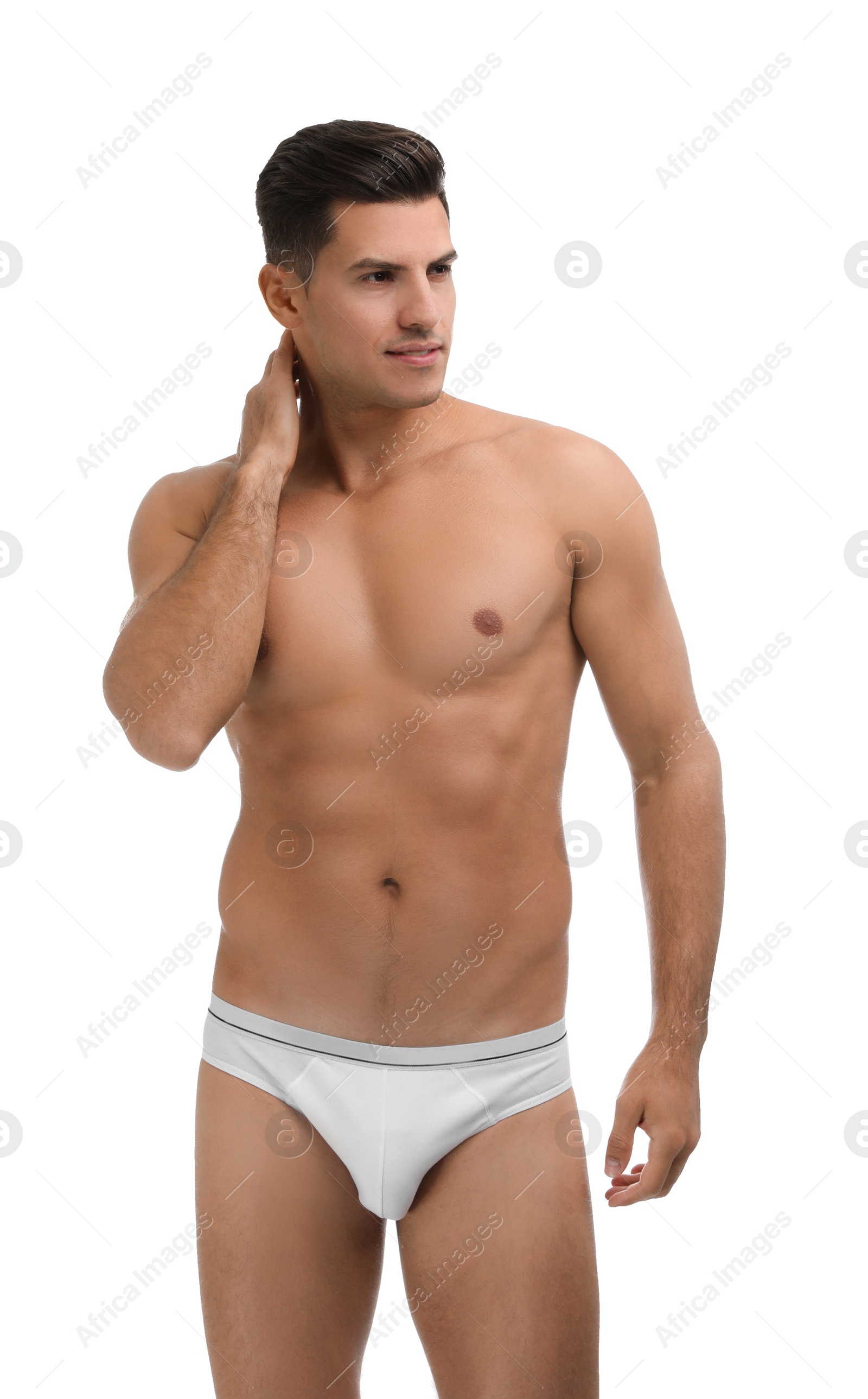 Photo of Handsome man in underwear on white background