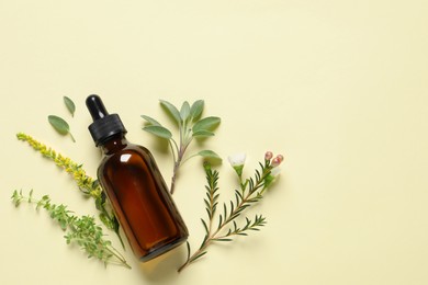 Bottle of essential oil and different herbs on beige background, flat lay. Space for text