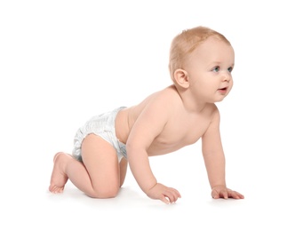 Photo of Cute little baby crawling on white background