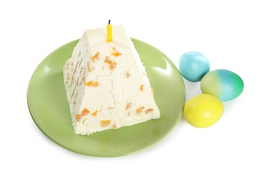 Traditional cottage cheese Easter paskha and eggs on white background