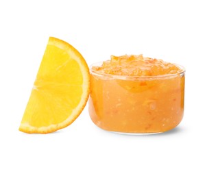 Photo of Delicious orange marmalade and citrus fruit slice on white background