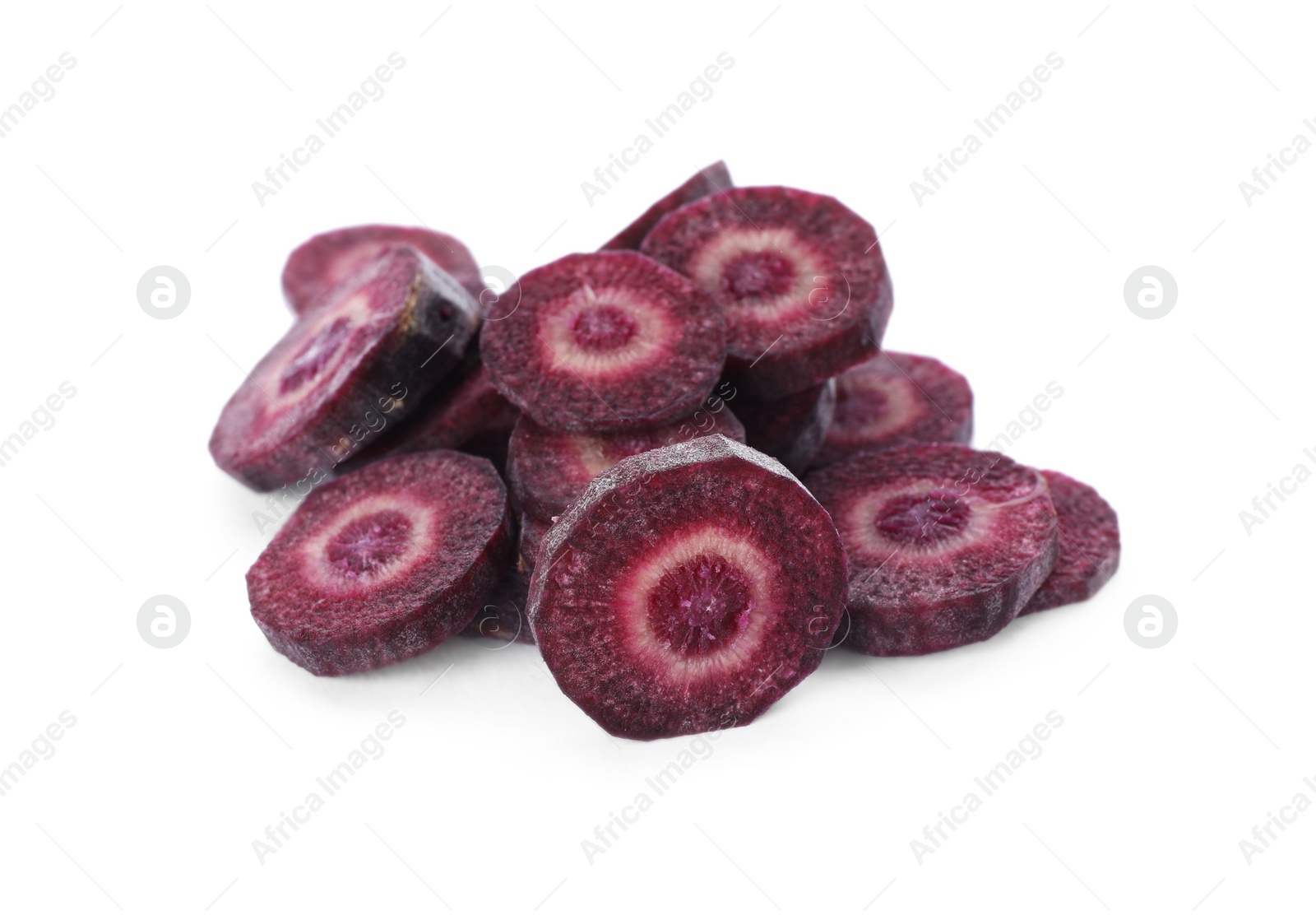 Photo of Slices of raw purple carrot isolated on white