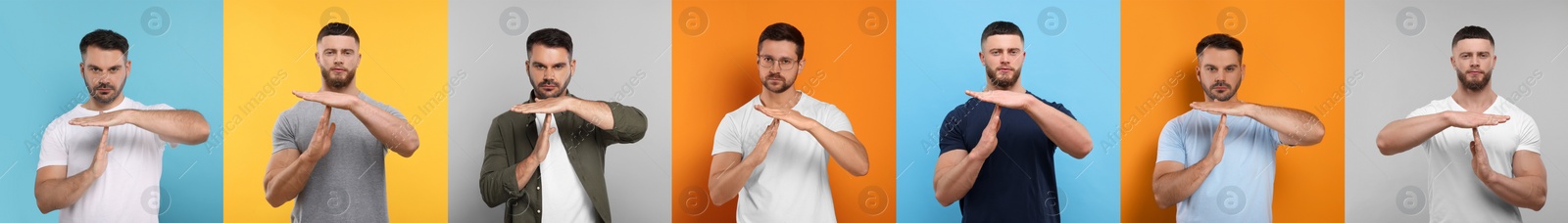 Image of Men showing time out gesture on different color backgrounds. Collage with photos