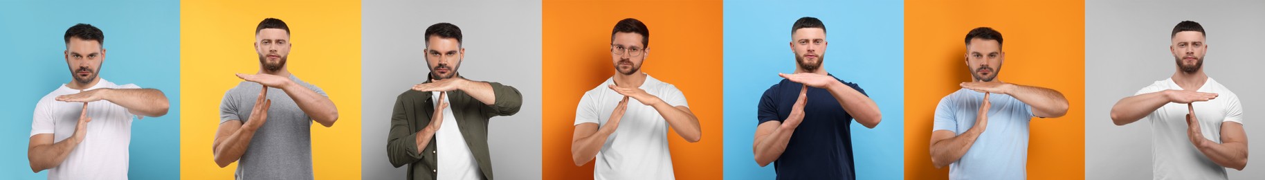 Men showing time out gesture on different color backgrounds. Collage with photos